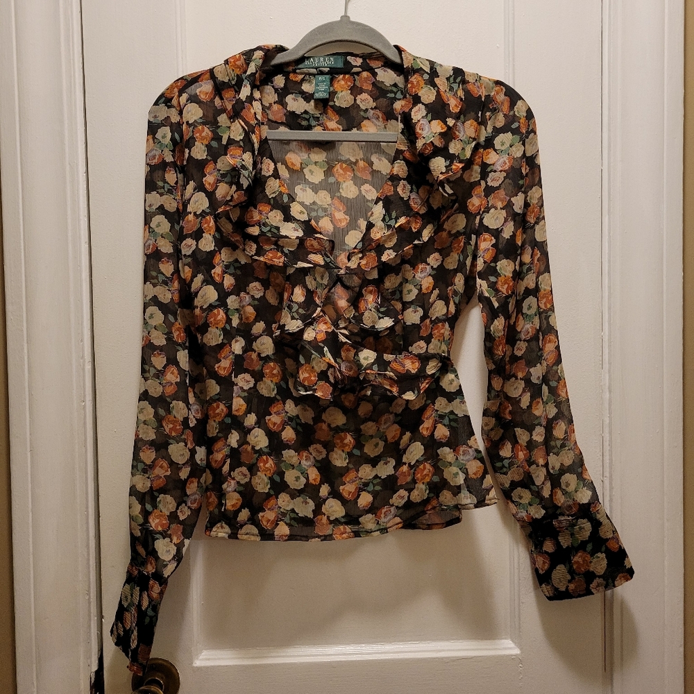 Lauren Ralph Lauren Floral Sheer Blouse - Black, Orange, Cream